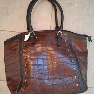 Elegant Brown Crocodile-Embossed Tote with Black Accents